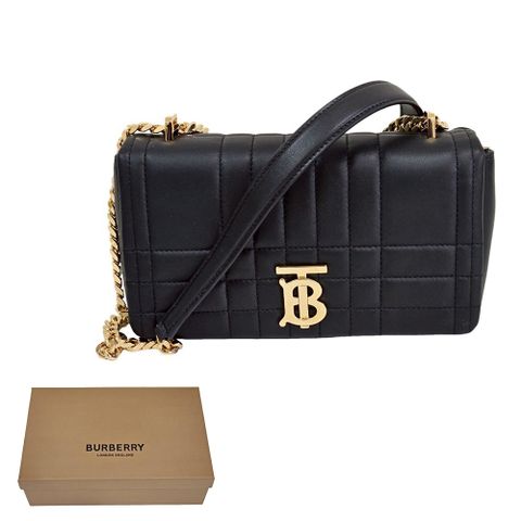 BURBERRY 巴寶莉 Lola 金屬標誌小羊皮縫線翻蓋斜背鍊手提包/黑
