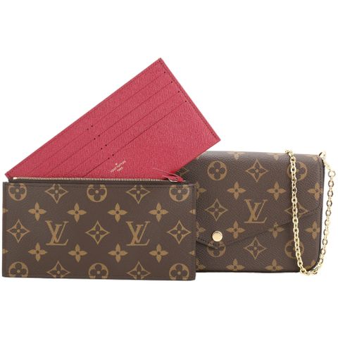 Louis Vuitton LV路易威登 M81896 Felicie Pochette老花塗層帆布鍊帶斜背包(咖啡/桃紅內裡)