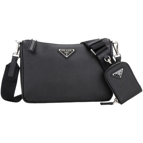 PRADA 普拉達 Saffiano 三角牌防刮牛皮斜背包(附可拆萬用包/黑色)