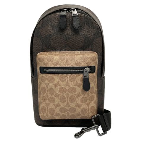 COACH 蔻馳 新款C LOGO前拉鏈男款單肩胸前斜背包(焦糖/深咖)