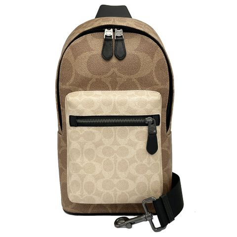 COACH 蔻馳 新款C LOGO前拉鏈男款單肩胸前斜背包(米白/焦糖)