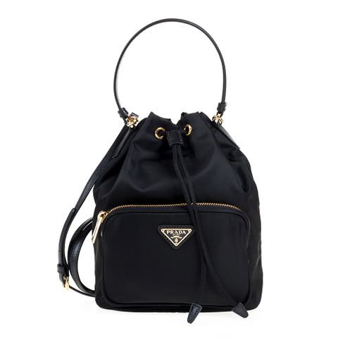 PRADA 三角LOGO經典尼龍帆布束口手提/斜背兩用水桶包(黑色)