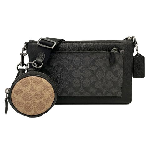 【COACH】HOLDEN C LOGO前拉鍊中性男款附圓型零錢袋斜背包(黑灰)