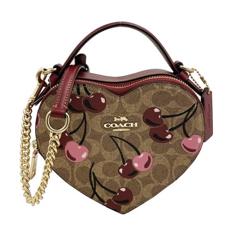 【COACH】C LOGO雙層櫻桃印花立體愛心小斜背包(櫻桃紅)