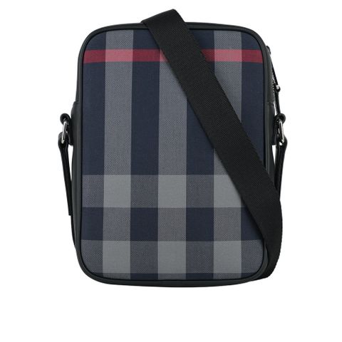 BURBERRY Paddy 格紋帆布及牛皮直式斜背包(海軍藍/灰色) 80840621