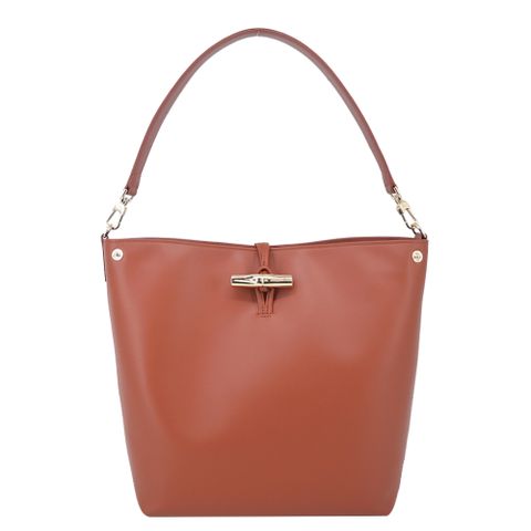 LONGCHAMP LE ROSEAU系列金屬竹節滑面小牛皮半月形單肩包(中/樹皮紅)