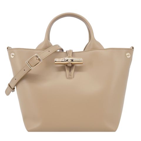 LONGCHAMP LE ROSEAU系列金屬竹節滑面小牛皮手提/斜背兩用包(小/香草)