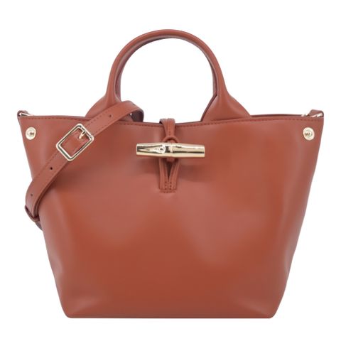 LONGCHAMP LE ROSEAU系列金屬竹節滑面小牛皮手提/斜背兩用包(小/樹皮紅)