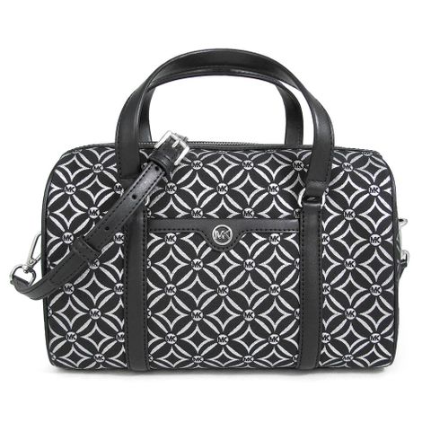 MICHAEL KORS TRAVEL 銀字小圓標緹花銀絲LOGO黑色條飾波士頓兩用包(中款)