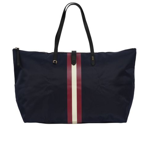 BALLY 經典紅白條紋可折疊尼龍大款托特包(附收納袋)(墨藍色) 6223251 001