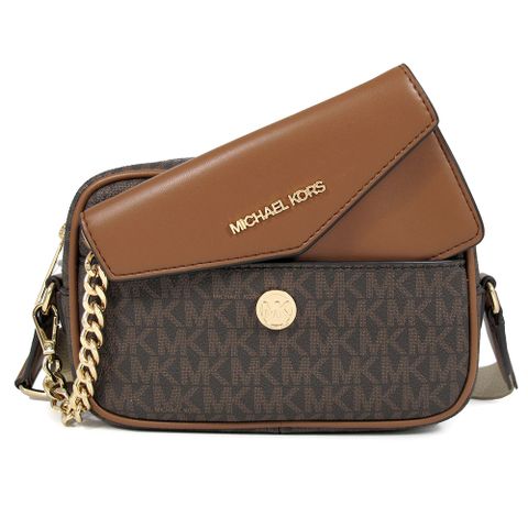 MICHAEL KORS MAISIE 金字LOGO咖啡色防刮滿版寬帶二合一斜背包