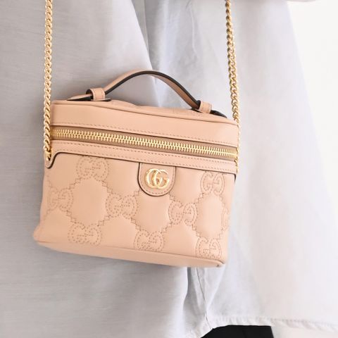 GUCCI 723770 GG Matelasse 金屬LOGO絎縫迷你兩用鍊包.裸粉