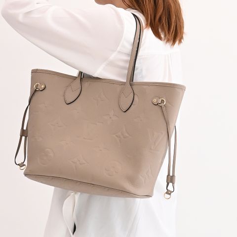Louis Vuitton LV M45686 NEVERFULL MM 經典壓花子母束口購物包.斑鳩灰 現貨