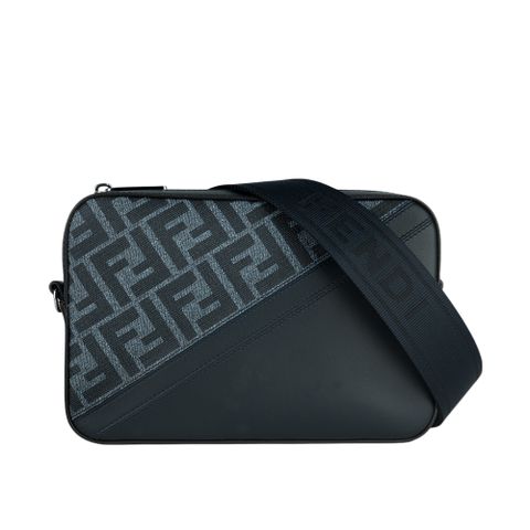 FENDI FF Logo 帆布拼牛皮相機斜背包(牛仔藍) 7M0286 ASIC F1O97