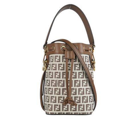 FENDI MON TRESOR FF LOGO 滿版標誌布質二用迷你水桶包(棕色) 8BS010 ARBN F1NXB