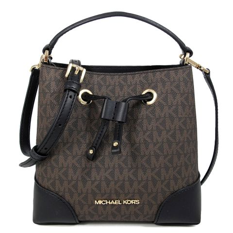 MICHAEL KORS MERCER 金字LOGO黑色防刮X咖啡色滿版皮革飾邊小水桶兩用包