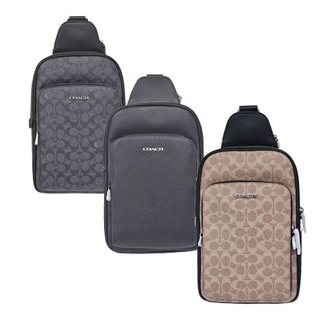 COACH 金屬字母LOGO PVC直式側/前胸包(咖啡色/黑灰色/全黑色/贈原廠防塵袋紙袋/母親節送禮)