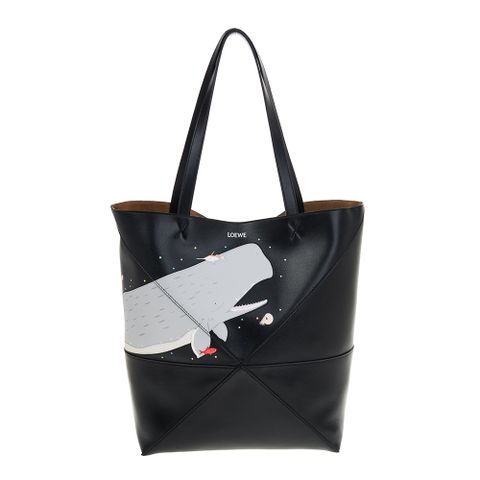 LOEWE x Suna Fujita 聯名鯨魚圖案黑色小牛皮Puzzle Fold 大款托特包