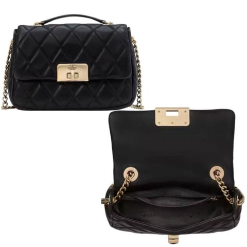【KATE SPADE】金標旋轉鈕扣 光滑面小香風斜背包-氣質黑