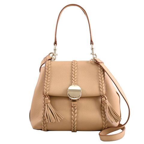 CHLOE Penelope 金屬釦LOGO小牛皮編織流蘇兩用包.裸色