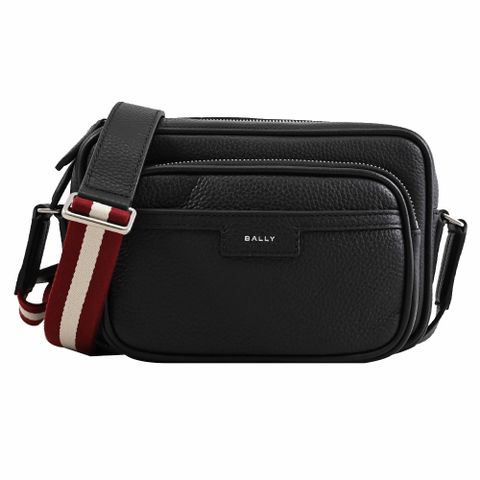 BALLY 6306473 CODE 燙銀LOGO荔枝牛皮前口袋斜背相機包.黑