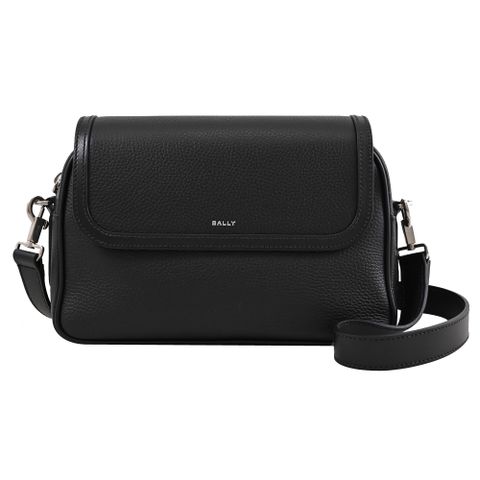 BALLY 6306628 SPIN CROSSBODY 燙銀LOGO荔枝牛皮翻蓋斜背包.黑