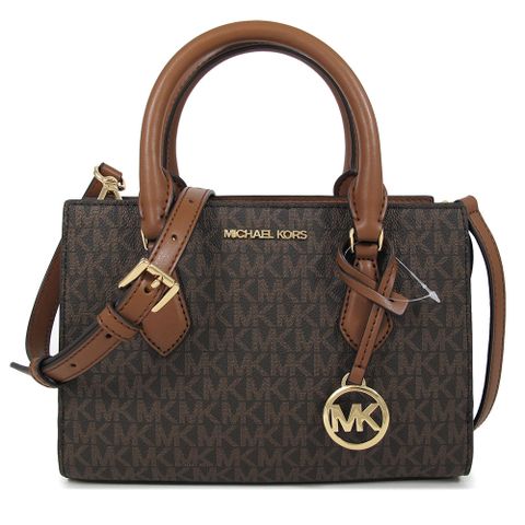 MICHAEL KORS SHEILA 金字圓標Logo咖啡色防刮滿版三層兩用斜背包
