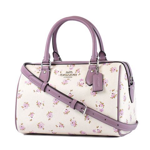 COACH 銀字花卉防刮手提/斜背二用寬背帶波士頓包-莫蘭迪紫