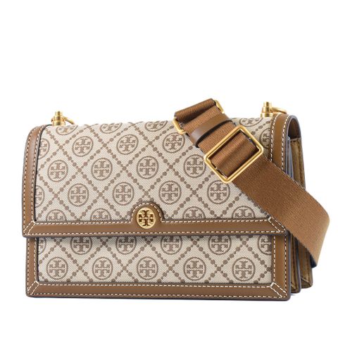 TORY BURCH 專櫃款 T MONOGRAM緹花LOGO織布翻蓋寬背帶斜背包-棕色
