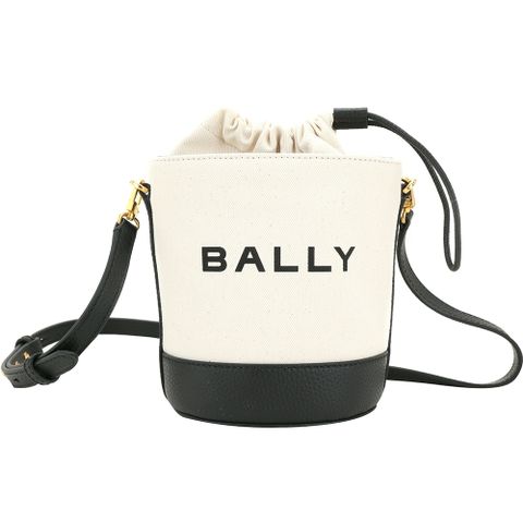 BALLY Bar LOGO帆布拼牛皮抽繩內袋肩背/斜背水桶包(米白色)