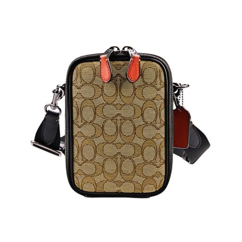 COACH卡其C LOGO緹花布拼接皮革方型小款隨身斜背/手機包
