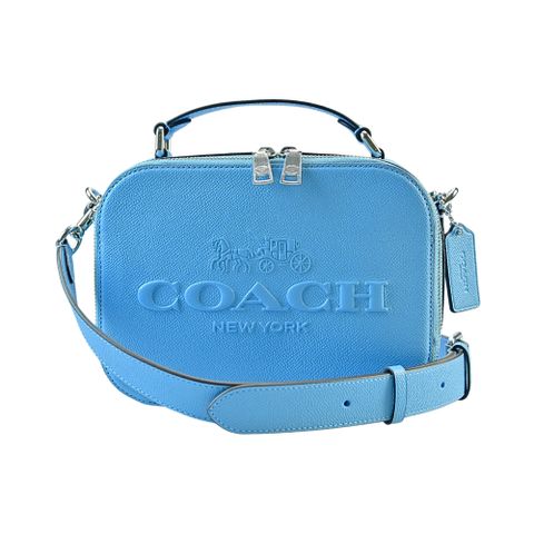 COACH天空藍馬車浮雕防刮皮革雙背帶斜背包/相機包/化妝盒包