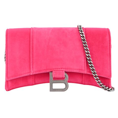 BALENCIAGA 巴黎世家 656050 Hourglass 天鵝絨布斜背鍊包.亮粉