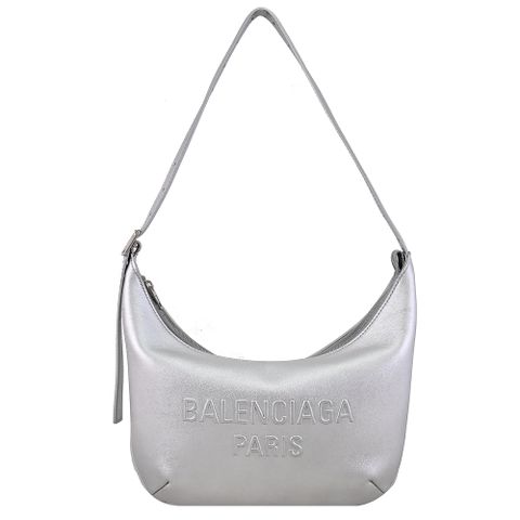 BALENCIAGA 巴黎世家 771733 MARY KATE 柔軟牛皮彎月肩背包.銀