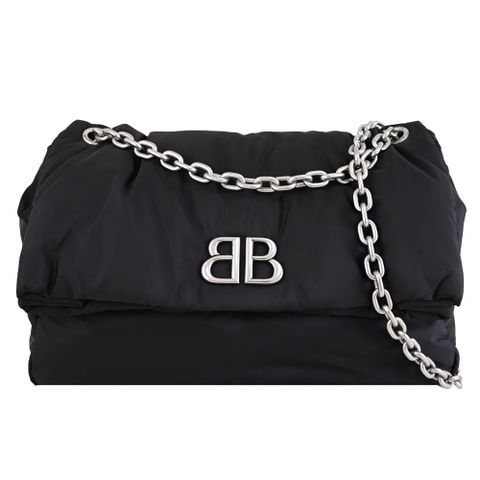 BALENCIAGA 巴黎世家 765945 MONACO BB金屬LOGO尼龍翻蓋鍊包.黑 大