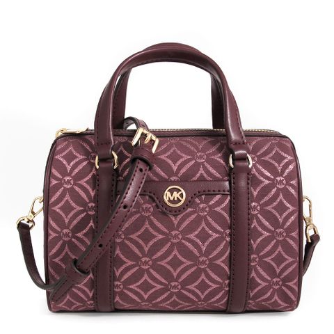 MICHAEL KORS TRAVEL 金字小圓標緹花金絲LOGO暗紅色條飾波士頓兩用包(小款)