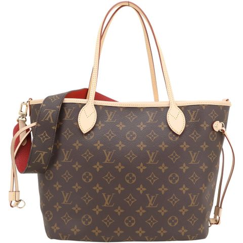 Louis Vuitton LV路易威登 M12257 Neverfull Inside Out MM 條紋老花帆布牛皮雙面托特包(紅色)