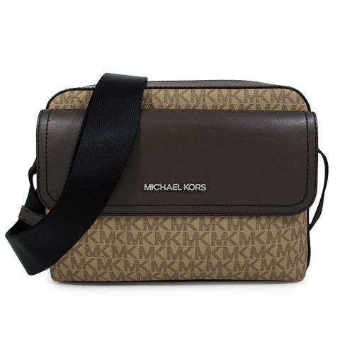 MICHAEL KORS COOPER 銀字LOGO駝色防刮滿版X棕色前口袋寬帶斜背包
