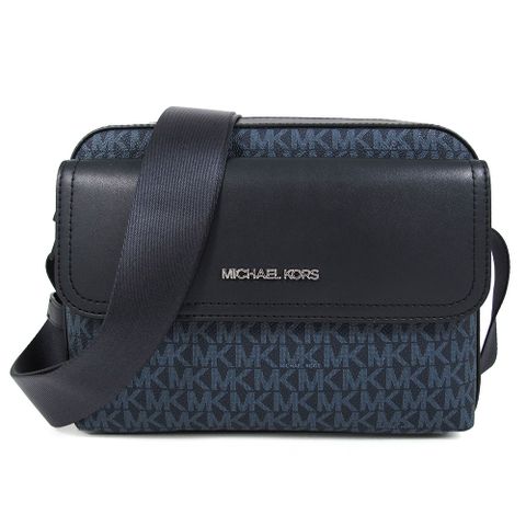 MICHAEL KORS COOPER 銀字LOGO深藍色防刮滿版X黑色前口袋寬帶斜背包
