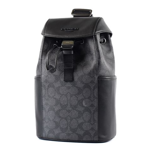 COACH 男款 緹花LOGO防刮翻蓋束口單肩背胸包-黑色