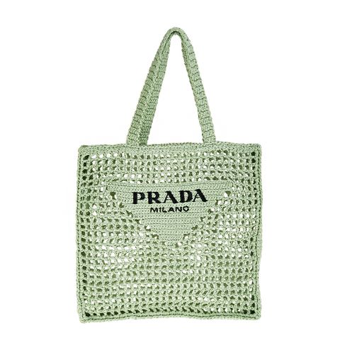 PRADA 新款三角形刺繡字樣標誌拉菲草手提/肩背包 (淺綠色)