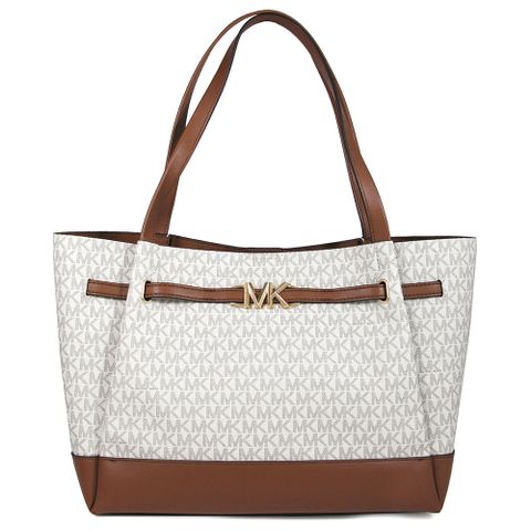 MICHAEL KORS REED 金字MK腰帶配飾馬鞍棕色X香草白色防刮滿版托特肩背包(大)