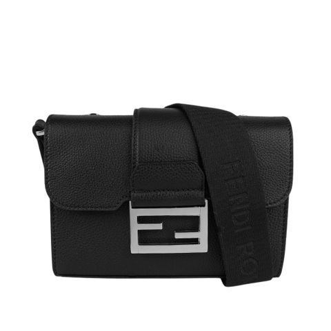 FENDI Double Baguette 銀釦粒紋皮革翻蓋及拉鍊斜背包(黑色) 7VA649 APDR F0GXN