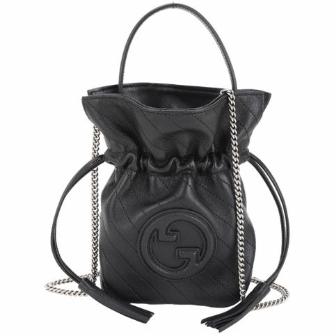 GUCCI 古馳 Blondie 雙G浮雕標誌縫線手提 斜背牛皮水桶包(黑色)