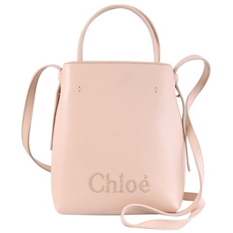 CHLOE Sense 電繡LOGO小牛皮迷你兩用包.裸粉色