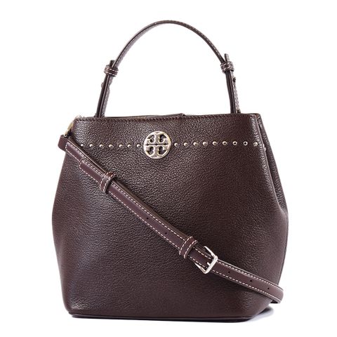 TORY BURCH 鉚釘荔枝紋磁釦手提/斜背二用水桶包-咖啡色/小