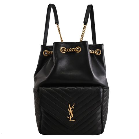 YSL 672609 JOE 金屬LOGO絎縫小羊皮抽繩背帶後背包.黑