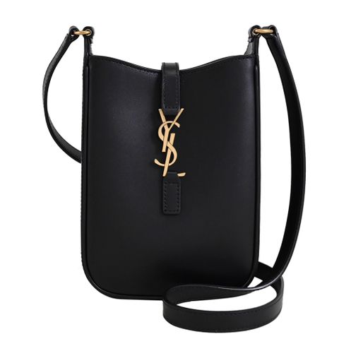 YSL 735214 Le 5À7 金屬LOGO滑面牛皮迷你斜背包/手機包.黑