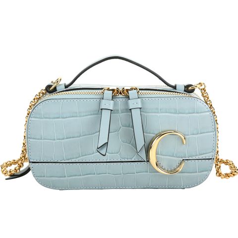 CHLOE 蔻依 展示品 C Vanity 水藍色迷你款鱷魚紋壓花小牛皮鍊帶手提/斜背包(背面+底部黃汙)