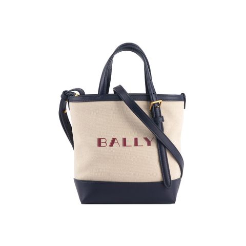 BALLY 紅字燙印帆布及小牛皮迷你托特包(自然色/深孔雀綠) 6308393